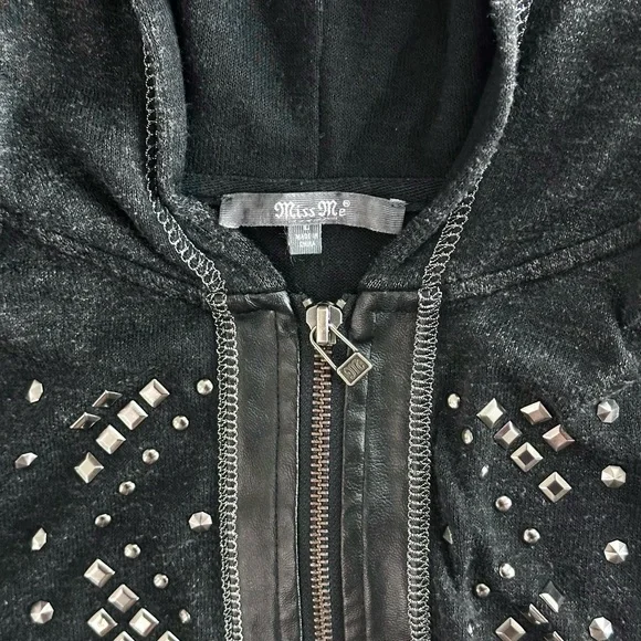 Miss Me Woman’s Large Sweater Jacket Goth Studded Heather Black Faux Leather Y2K - Picture 2 of 9